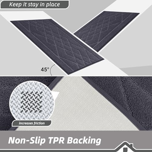 BEQHAUSE Kitchen Rugs Set of 2 Non Slip Runner, 20"x30"+20"x48", Dark Grey - color: Dark Grey, size: 20" X 30" + 20" X 48"