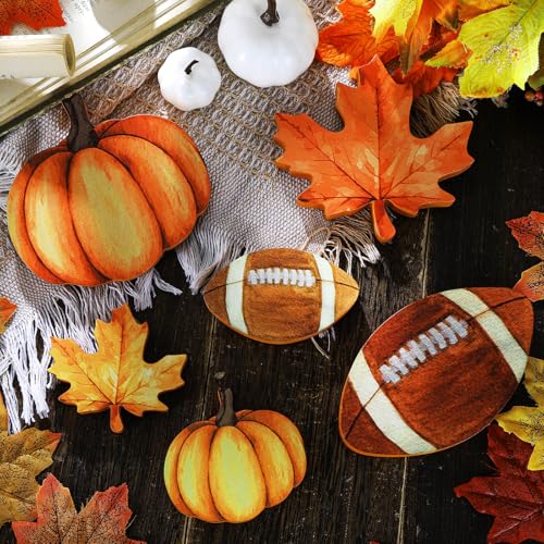 Bencailor 12 Pcs Fall Table Decor Wooden Pumpkins Maple Leaf Fall Football Tiered Tray Decor Thanksgiving Centerpiece Autumn Football Decorations for Home Kitchen Desk Office Party - style: Innovative