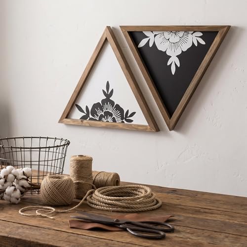 flangairy Floral Wall Decor Wooden Botanical Wall Art Framed Boho Wood Geometric Triangles Black White Bedroom Bathroom Room Home Decorations