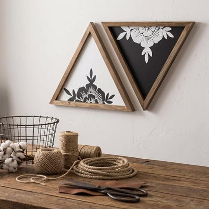 flangairy Floral Wall Decor Wooden Botanical Wall Art Framed Boho Wood Geometric Triangles Black White Bedroom Bathroom Room Home Decorations