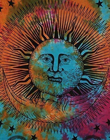 Marubhumi Psychedelic Sun Moon Stars Tie Dye Mandala Tapestry Hippie Hippy Celestial Wall Hanging Indian Trippy Bohemian Tapestries (Multi, 55 X 85 Inch (140 x 215 Cms) - size: 85"L x 55"W