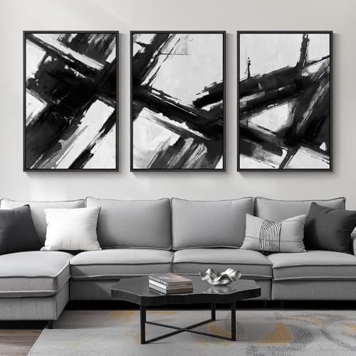 Large Framed Black and White Abstract Canvas Wall Art for Living Room - color: Brushstrokes, size: 24" W x 36" H x 3Pcs