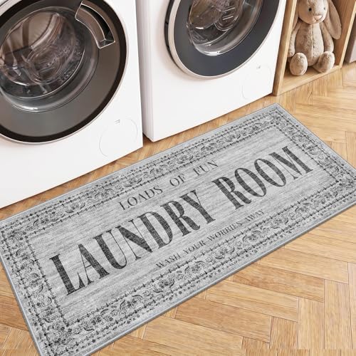 20"x47" Laundry Room Rug: Washable Non-Slip Vintage Laundry Runner Rug - color: Grey, size: 1'8" x 4' (Rectangular)