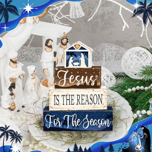 Britimes Tiered Tray Decor Set, 4 Pack, Wooden Table Sign, Nativity Scene - style: Jesus Religious
