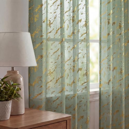 Horaldaily 2Pcs Sage Green Sheer Curtains 52x84in, Gold Sequin Marble - color: Sage Green and Gold, size: 52"W x 84"L (Pack of 2)