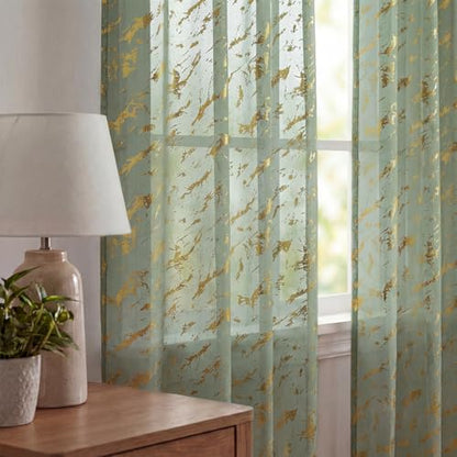 Horaldaily 2Pcs Sage Green Sheer Curtains 52x63in, Gold Sequin Marble - color: Sage Green and Gold, size: 52"W x 63"L (Pack of 2)
