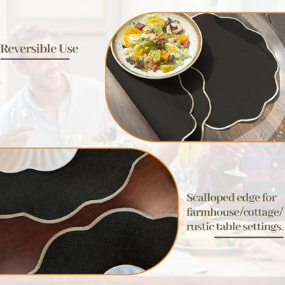 AHHFSMEI Round Scalloped Placemats Set of 6 15 Inch Faux Linen - color: Black