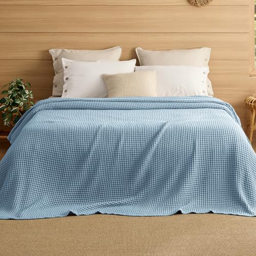Bedsure Lightweight 100% Cotton Waffle Blanket, 120x94, Celestial Blue - color: Celestial Blue, size: Oversized King (120" X 94")