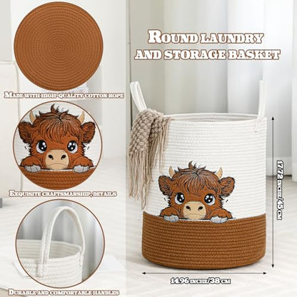 Honeydak Highland Cow Laundry Basket Brown Tall Cotton Rope Laundry Hamper - style: Highland Cow
