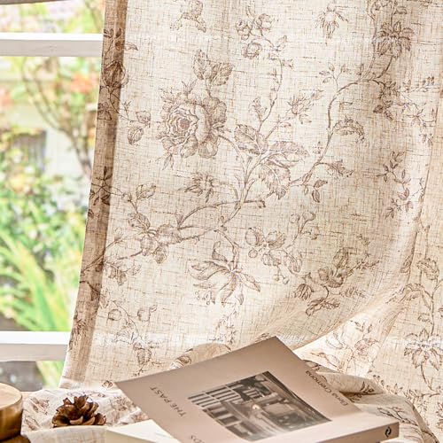 jinchan Linen Curtains 90 inch Taupe Floral Farmhouse Rod Pocket 2 Panels - color: Amlie Taupe, size: 50"W x 90"L (Pack of 2)
