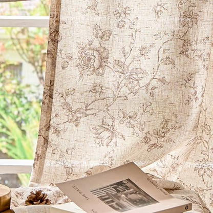 jinchan Linen Curtains 90 inch Taupe Floral Farmhouse Rod Pocket 2 Panels - color: Amlie Taupe, size: 50"W x 90"L (Pack of 2)