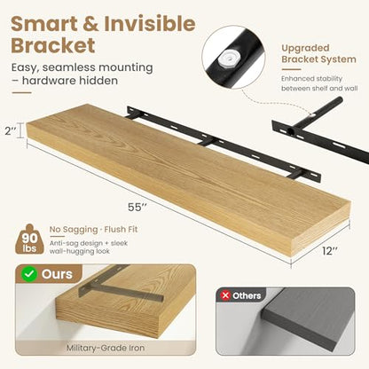 55 Inch Long Floating Shelves for Wall Set of 1, 12"D Wood Grain Shelves - color: Oak, size: 55"Wx12"Dx2"H, 1P