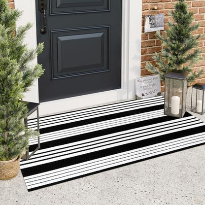 LEEVAN 2'X4.3' Black and White Striped Woven Cotton Reversible Outdoor Rug - color: Black Strip, size: 2' x 4'3"