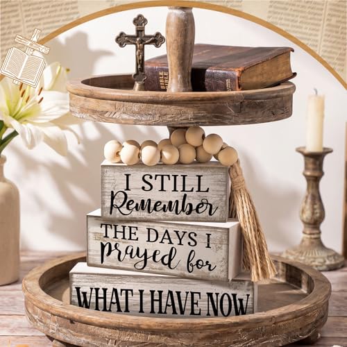 Yuntau 4 Pcs Farmhouse Christian Tabletop Decor Rustic Wood Bead Garland - style: Prayed