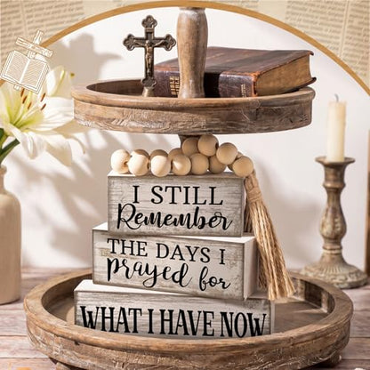 Yuntau 4 Pcs Farmhouse Christian Tabletop Decor Rustic Wood Bead Garland - style: Prayed