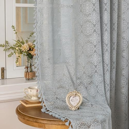 Sheer Boho Lace Curtains 84 Inches Long, Stone Blue, Set of 2 Panels - color: Stone Blue, size: 59"W x 84"L (Pack of 2)