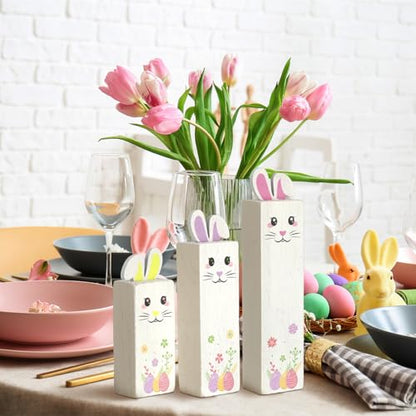 BBTO 3 Pcs Easter Table Decor Bunny Wooden Tiered Tray Decor Rabbit Tabletop Decoration Block Sign Table Centerpiece for Spring Home Decoration Home Shelf Office Kitchen Desk Party Supply(Bunny) - style: Bunny