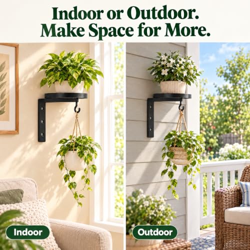Wall Plant Holder Set of 2, Dual-Way Reversible Bracket for Extra Growth Space, Detachable Hooks, Metal Floating Flower Display Stand for Indoor Outdoor, Space Saving & Easy Assemble, Black - size: 2 Pack - 2-Way Wall Mount