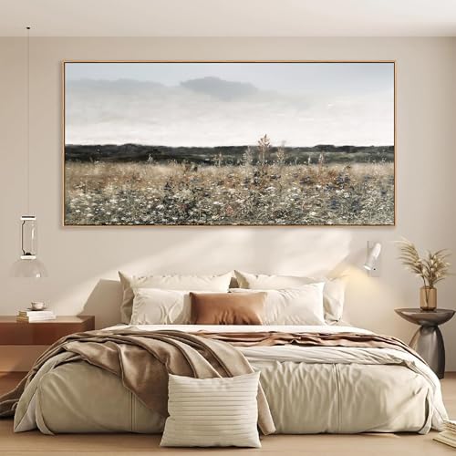 Tucai Decor Country Meadow Landscape Canvas Art Wildflowers and Field Farmhouse Wall Decor Framed Rustic Floral Print Ready to Hang 24x48 Inch Painting for Living Room Kitchen