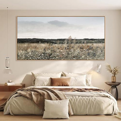 Tucai Decor Country Meadow Landscape Canvas Art Wildflowers and Field Farmhouse Wall Decor Framed Rustic Floral Print Ready to Hang 24x48 Inch Painting for Living Room Kitchen