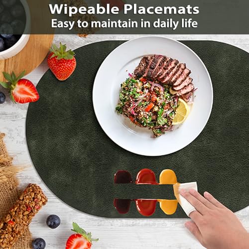 ADRIMER Oval Placemats Set of 6, Wipeable Faux Leather, Olive Green - color: Olive Green
