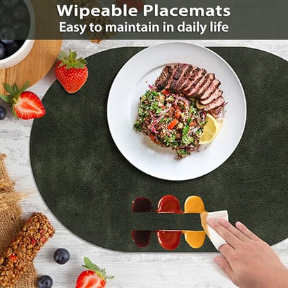 ADRIMER Oval Placemats Set of 6, Wipeable Faux Leather, Olive Green - color: Olive Green
