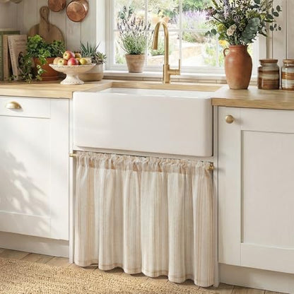jinchan Linen Striped Tier Curtains for Kitchen Windows Farmhouse - color: Striped Tan | on Beige, size: 26"W x 24"L (Pack of 2)