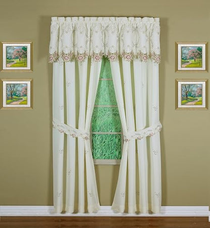 Today's Curtain Verona Reverse Embroidery Panel Pair and Tiebacks, 63", Ecru/Rose, 80" W X 63" L - color: Ecru/Rose, size: 80"W x 63"L (Pack of 1)