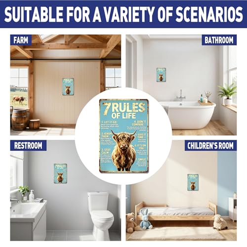 Inspirational 7 Rules Of Life Fluffy Highland Cow Design,Durable Rustproof Aluminum Wall Sign,Shabby Chic Kitchen Bedroom Accent, Uplifting Present Plaque 8x12 Inch - color: M2030-Cow1-6