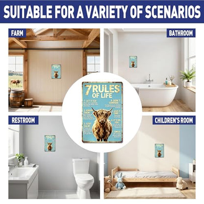 Inspirational 7 Rules Of Life Fluffy Highland Cow Design,Durable Rustproof Aluminum Wall Sign,Shabby Chic Kitchen Bedroom Accent, Uplifting Present Plaque 8x12 Inch - color: M2030-Cow1-6