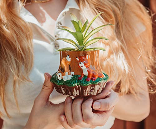 Silver Buffalo Disney The Fox and the Hound 4-Inch Ceramic Mini Planter with Artificial Succulent | Cute Small Flower Pot, Faux Indoor Plants - color: Fox and the Hound