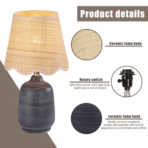 Pia Ricco 19" Modern Ceramic Table Lamp for Living Room Cream Base Desk Lamps for Bedroom Farmhouse Bedside Nightstand Lamp End Table Lamps,White Striped Black Base,Rattan Shade - color: White Striped Black Base