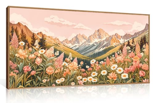 LHIUEM Large Abstract Colorful Mountain Framed Canvas Wall Art,Boho Pink Flower Wall Decor, Nature Wildflower Wall Painting,Bohemian Artwork for Living Room,Bedroom,Dining Room,Office -20"x40"x1 - color: Abstract Pink Mountain Wall Art, size: 40"L x 20"W