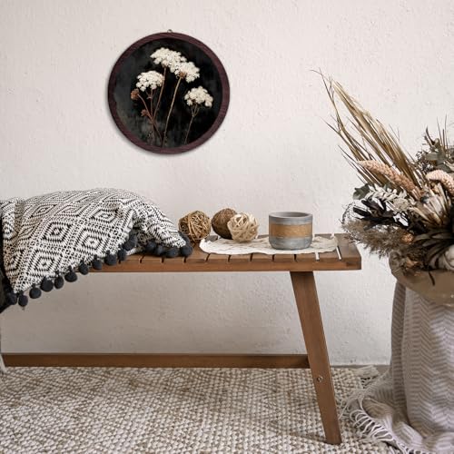 XDFVL Vintage White Flowers Wall Hanging Prints Frame, Dark Farmhouse Rustic Round Wooden Prints, Cottagecore Botanical Flower Wooden Walls for Home Bedroom Living Room Decor, 10x10 Inch - color: white botanical