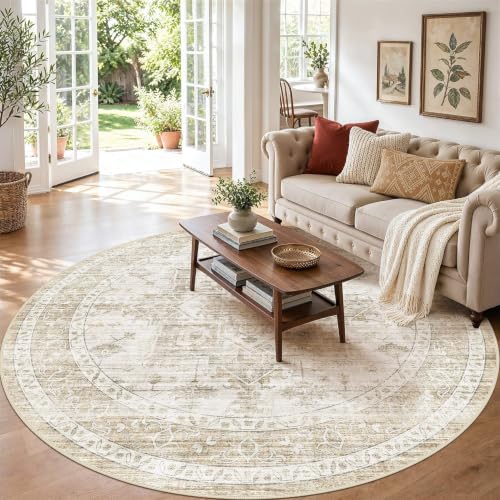10ft Round Rugs for Living Room: Washable Neutral Beige Area Rug - color: Beige, size: 10' (Round)