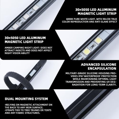 12V LED Interior Light Bar Kit, 4 Bars White Adjustable Brightness RV Camping Lights - Waterproof IP67, Magnetic & Strap Mount, Portable Lighting for Tent, Car, Trailer, Boat, Truck, Off-Road, Cabin - color: white light/black