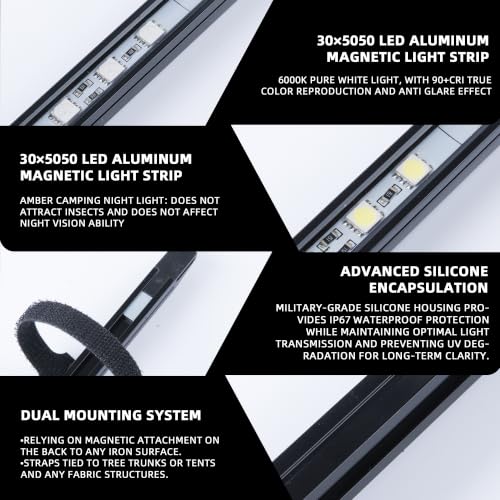 12V LED Light Bar Kit, 2 Bars White & 2 Bars Amber Adjustable Brightness RV Camping Lights - Waterproof IP67, Magnetic & Strap Mount, Portable Lighting for Tent, Car, Trailer, Boat, Truck, Off-Road - color: Amber light/black