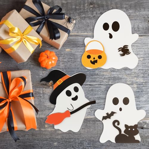 3 Pcs Halloween Decorations Indoor, Cute Ghost Halloween Tabletop Decor, Wooden Tiered Tray Decor, Black Cat, Bat, Witch Broom Signs for Party Home Shelf Display
