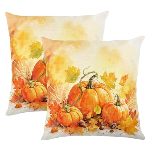 3 Pumpkins Acorn Pinecone Maple Leaf Watercolor Throw Pillow Cover 18x18 Inch Set of 2, Warm Autumn Harvest Farmhouse Linen Cushion Cover, Fall Thanksgiving Home Decor Square Sofa Pillowcase - color: Orange, Green