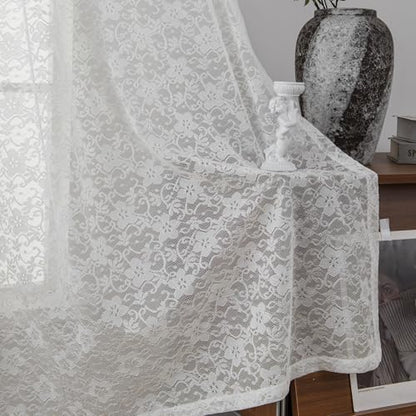 PearAge Lace Sheer White Curtains for Living Room, 63 Inch Length, Elegant Lace-Style Voile Drapes for Bedroom, Kitchen or Dining Room, 42W x 63L Inch, 2 Panels White - color: White