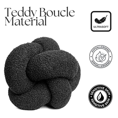 SAMIAH LUXE 12 in Boucle Knot Pillow Ball, Charcoal Black Teddy Sherpa - color: Charcoal