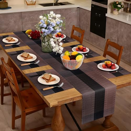 Aofmee Table Runner and Placemats Set of 6 Washable, Heat Resistant Place Mats with Table Runner, Woven Vinyl Table Placemats for Dining Table, Stain Resistant Kitchen Table Mats Sets, Easy to Clean - color: Brown, size: Set of 7