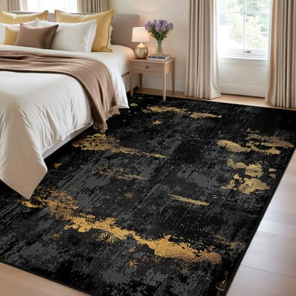RELEANY Washable 3'x5' Abstract Area Rug for Living Room Black Gold - color: Black/Gold, size: 3' x 5' (Rectangular)