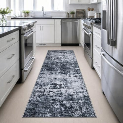 3x10 Washable Runner Rug：Modern Abstract Kitchen Carpet Black - color: Black, size: 3' x 10' (Rectangular)