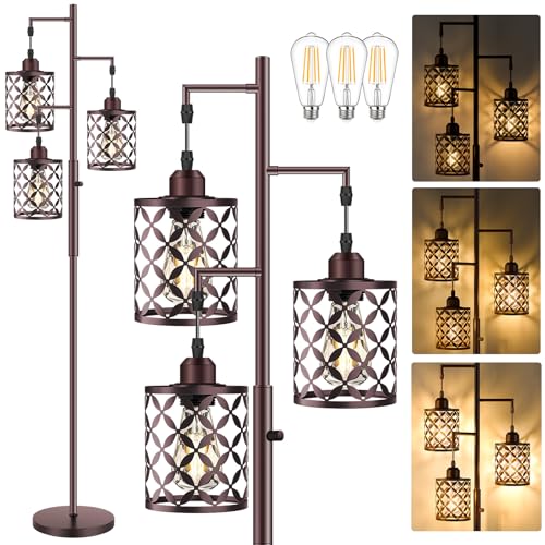 Industrial Tree Floor Lamp, 68" Dimmable Farmhouse Tall Standing Lamp with Quatrefoil Cutout Shades & Rotary Dimmer Knob, Corner Light for Living Room Bedroom, 3 x800LM Bulbs Included-Brown - color: Oil-Rubbed Bronze (800LM), size: 68"