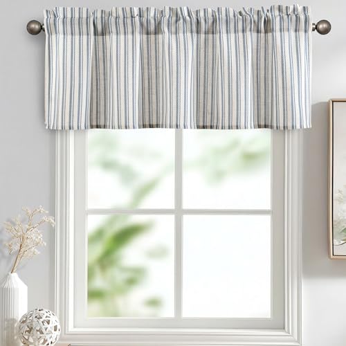 JIUZHEN 52x14 Inch Kitchen Valance - Thick Textured Linen Striped Window Valance Curtain with 3" Rod Pocket, Vertical Striped Blue (1 Panel) - color: Vertical Striped Blue, size: 52"W x 14"L (Pack of 1)