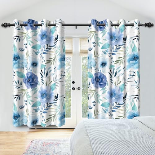 Blue Floral & Leaf Thermal Blackout Curtains 84 Inch Length 2 Panels Set - color: Floral-d