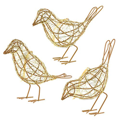 Artisan Bird Statues Trio - Table Decor Handmade Gold-Wire Woven - color: Gold