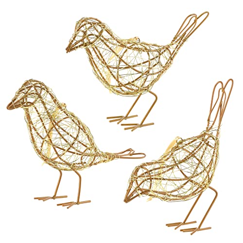 Artisan Bird Statues Trio - Table Decor Handmade Gold-Wire Woven - color: Gold