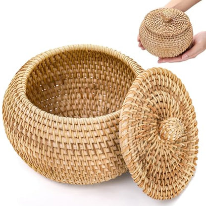 WRINGKIT Small Rattan Basket Box with Lid, Handmade Woven